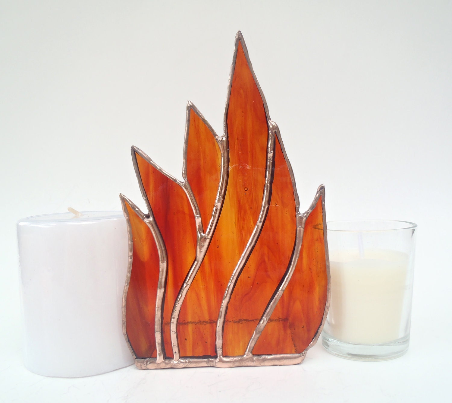 Stained glass candle holder flames handcrafted - Nostalgianmore