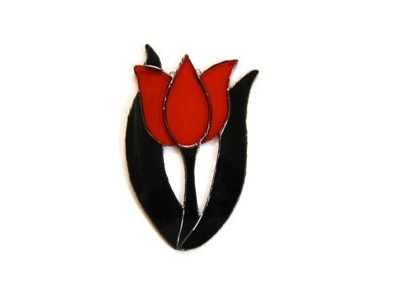 Stained glass suncatcher red tulip green leaves handmade