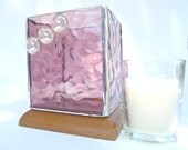 Votive Candle Holder Stained Glass Pink Wood Base OOAK