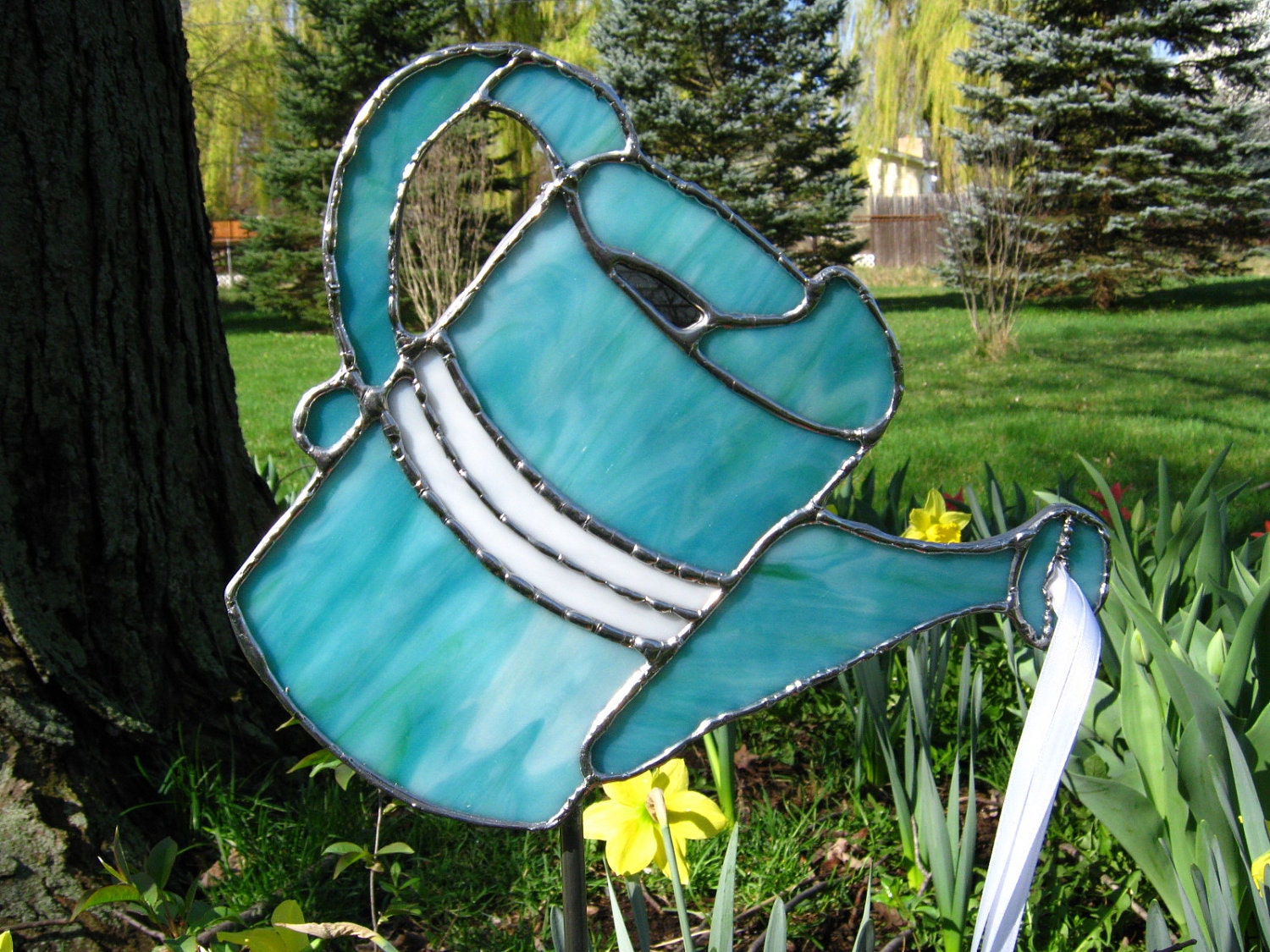 Stained glass garden stake teal watering can handmade