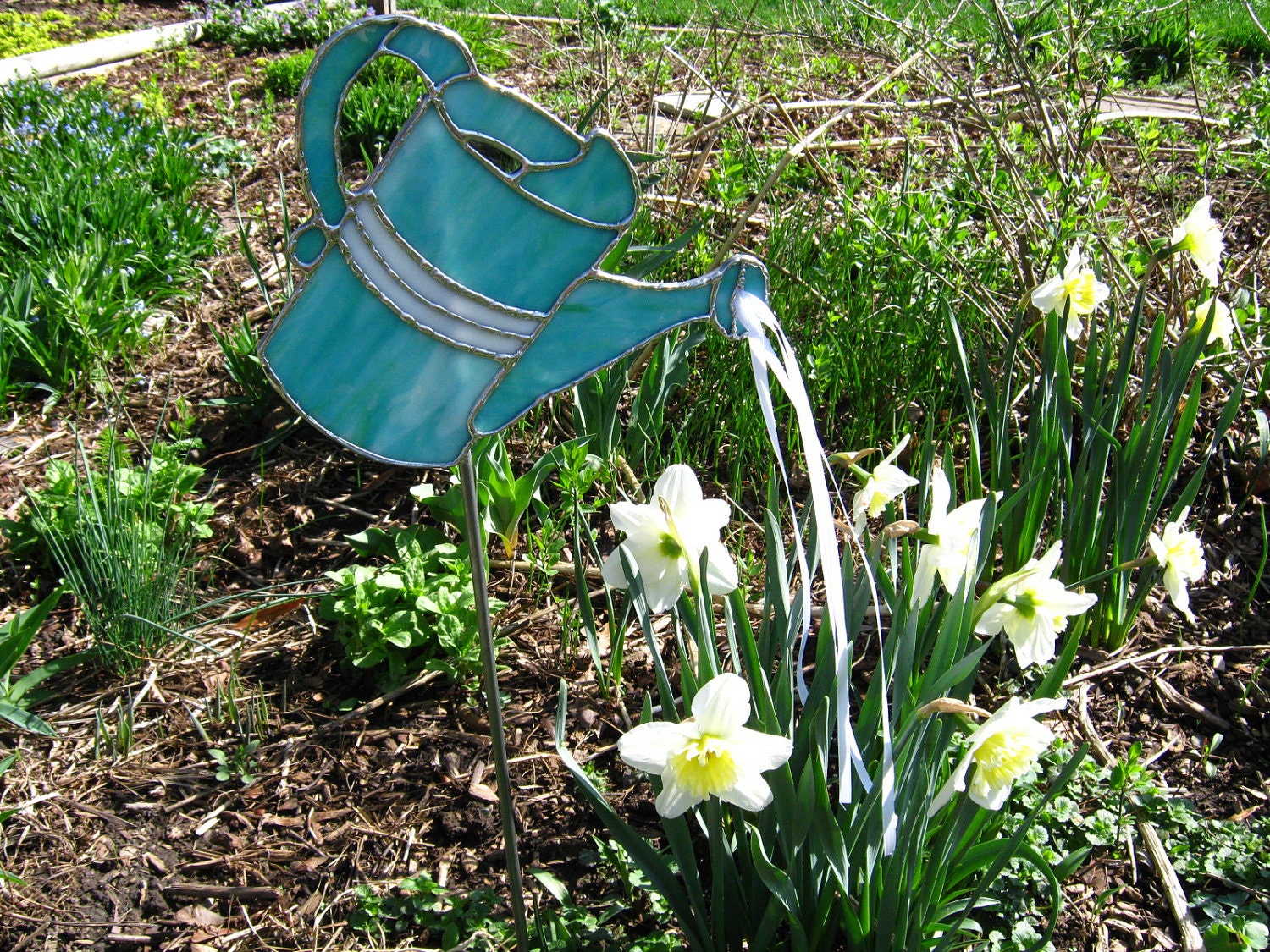 Stained glass garden stake teal watering can handmade