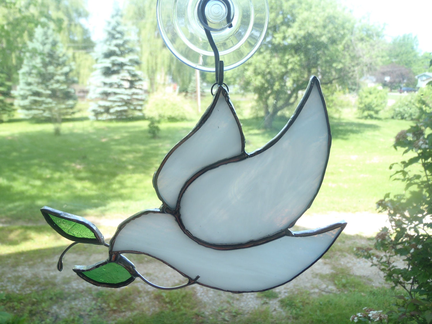 Stained glass suncatcher white dove olive branch handmade