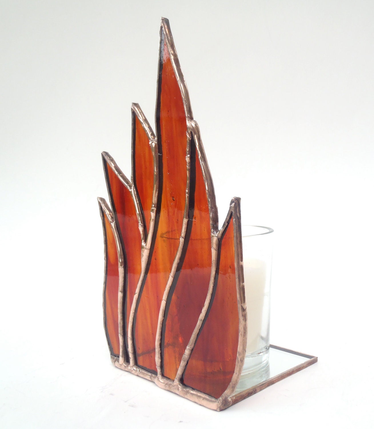 Stained Glass Candle Holder Orange and Red Handmade