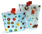 Reusable Sandwich and Snack Bag, Set of 2 in Fox Trails Print in Blue, Gusset and Finger Tabs,  Camping, Outdoors