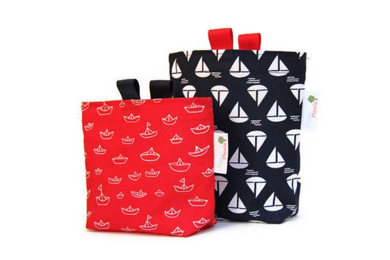 Reusable Sandwich and Snack Bag Set, Gusset Bottom and Finger Tabs, Nautical, Red and Navy Blue with White Sailboats