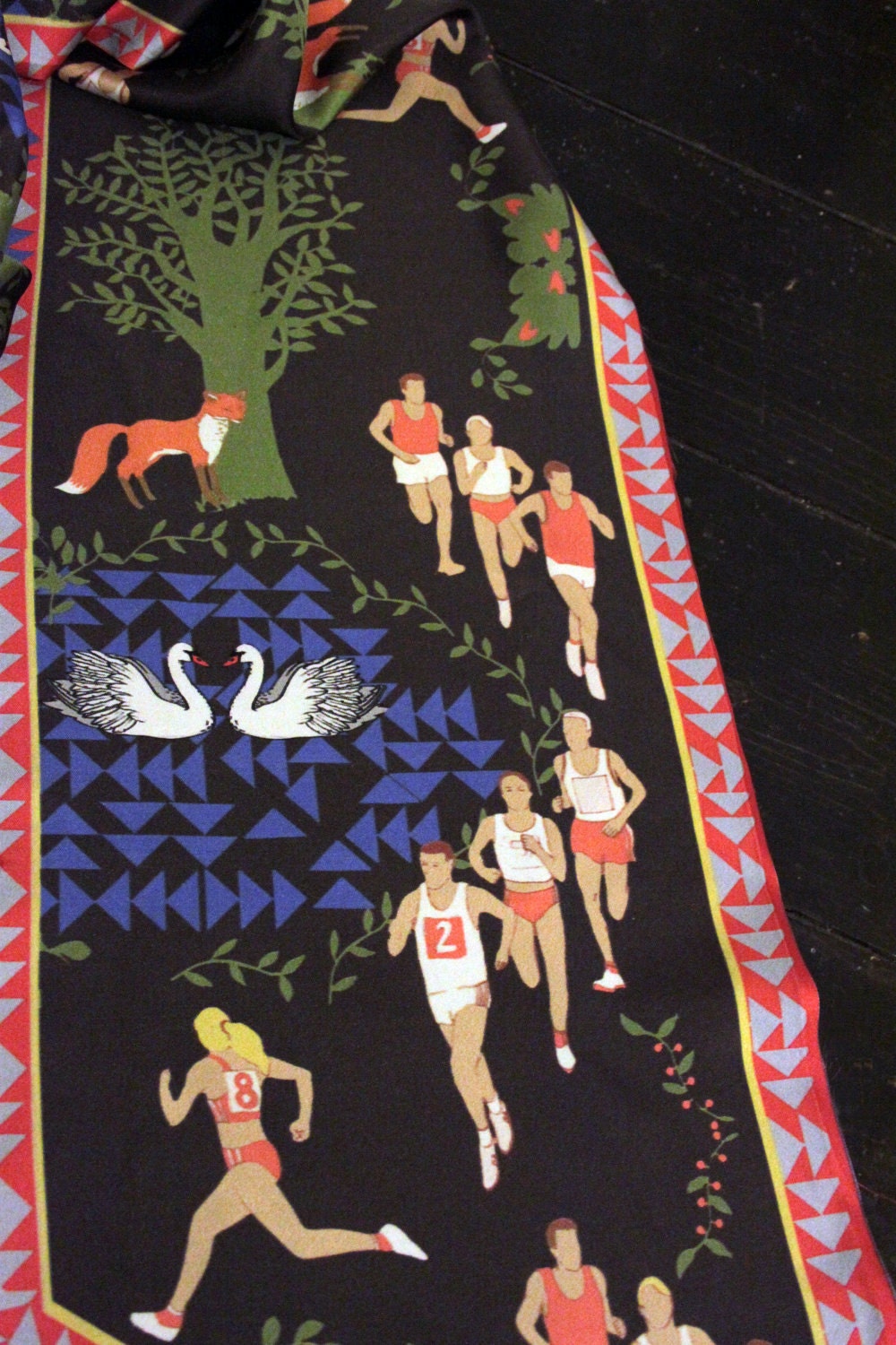 Long Distance Running Scarf - Forest scene with runner, swan and fox design Digitally Printed on 100% Silk Twill