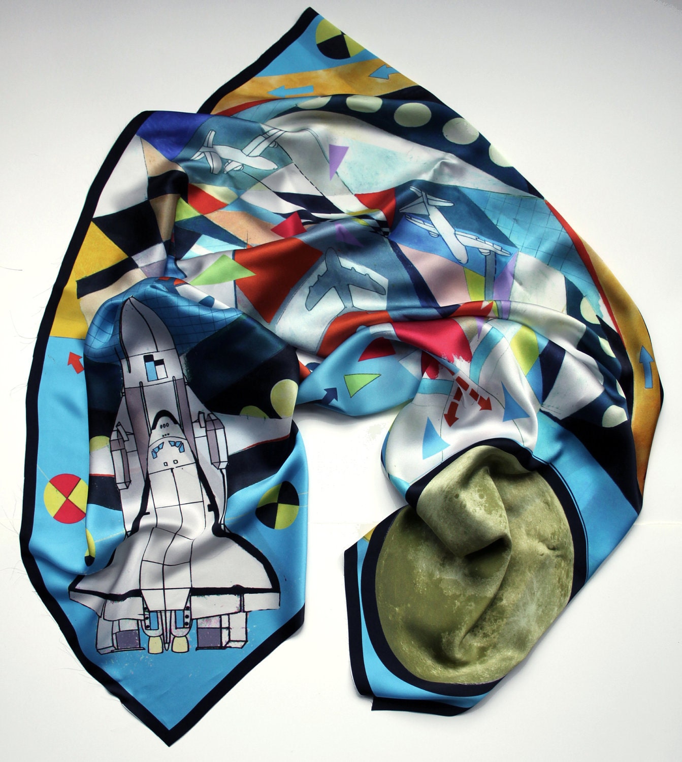 Space Race Moon Rocket Geometric Pattern Silk Scarf with Plane Print
