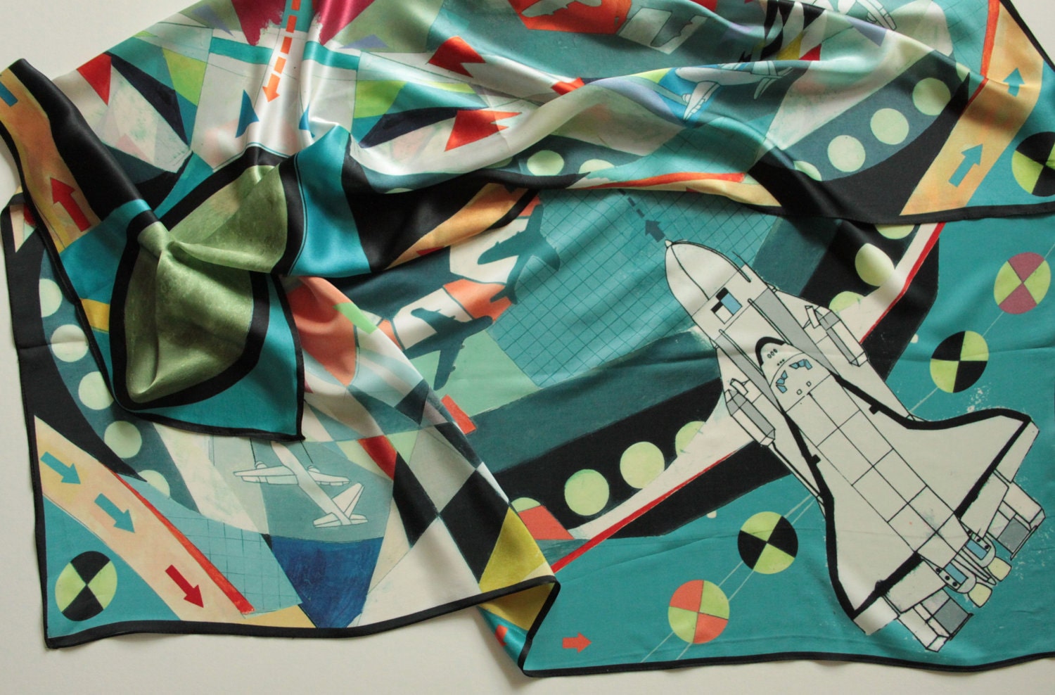 Space Race Moon Rocket Geometric Pattern Silk Scarf with Plane Print