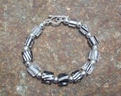 Black and White Furnace Cane Glass Bracelet with Silver Plated Beads and Toggle Clasp