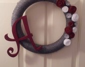 Hand Painted, Yarn Wrapped Initial Wreath with Felt Flowers