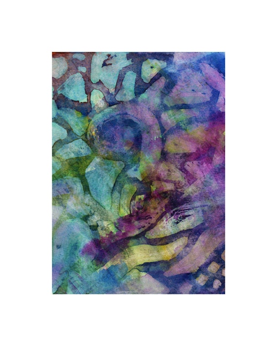 Abstract color study in blue purple and green - 5x7 giclee print watercolor