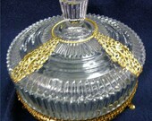 Art Deco Hocking Queen Mary Crystal Flat Covered Candy Dish with Lid  - Ormolu enhanced