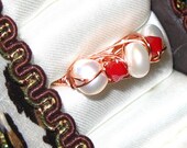 Pearl and Red Crystal Cocktail Ring - Size 6