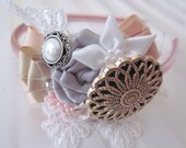 Pink statement headband, buttons & flowers, Vintage inspired, OOAK