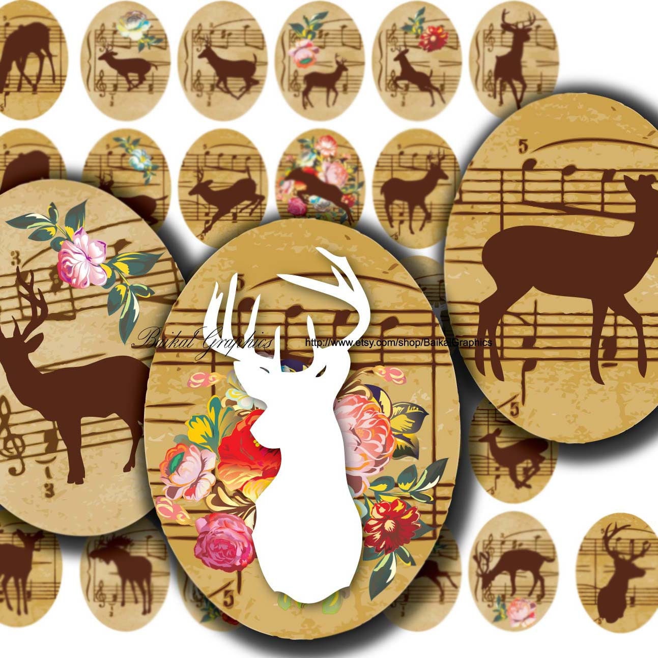 Deer Flowers Notes Woodland Vintage Digital Collage Sheet 30x40 mm Printable oval, ellipse images for pendant 054