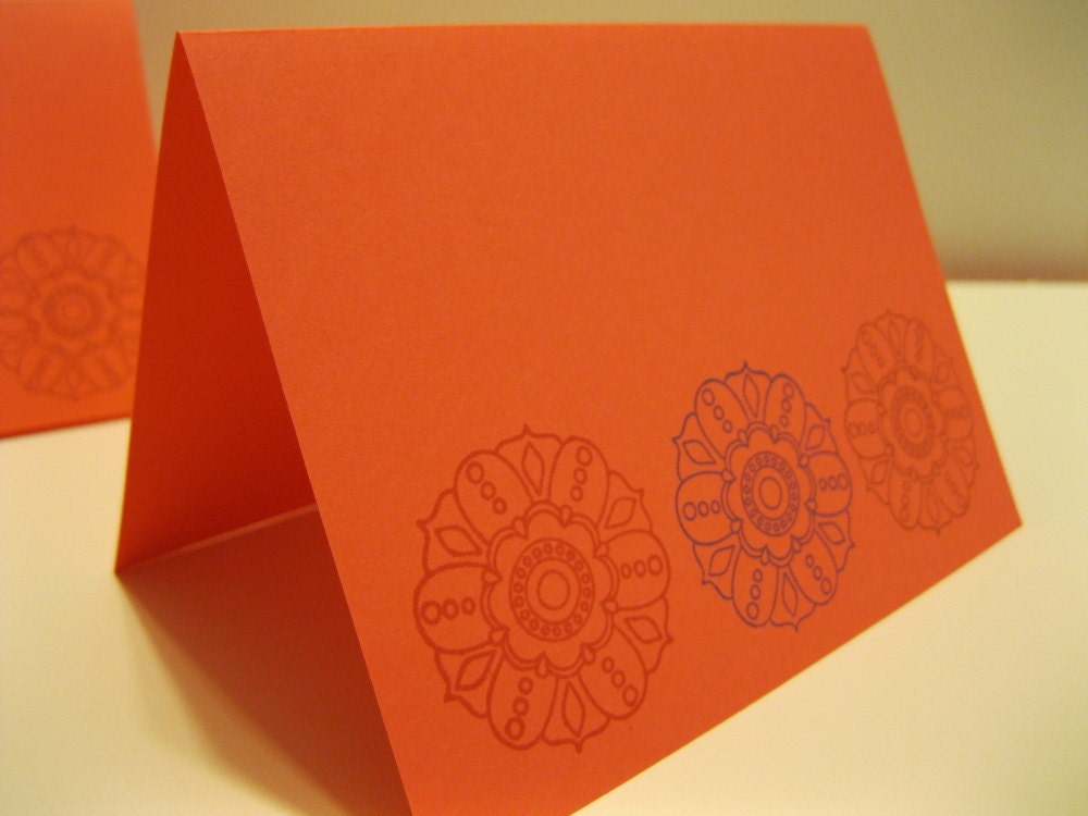Set of Five/5 Blank Cards, Hand-stamped, Everyday, Medallion, Bright Melon