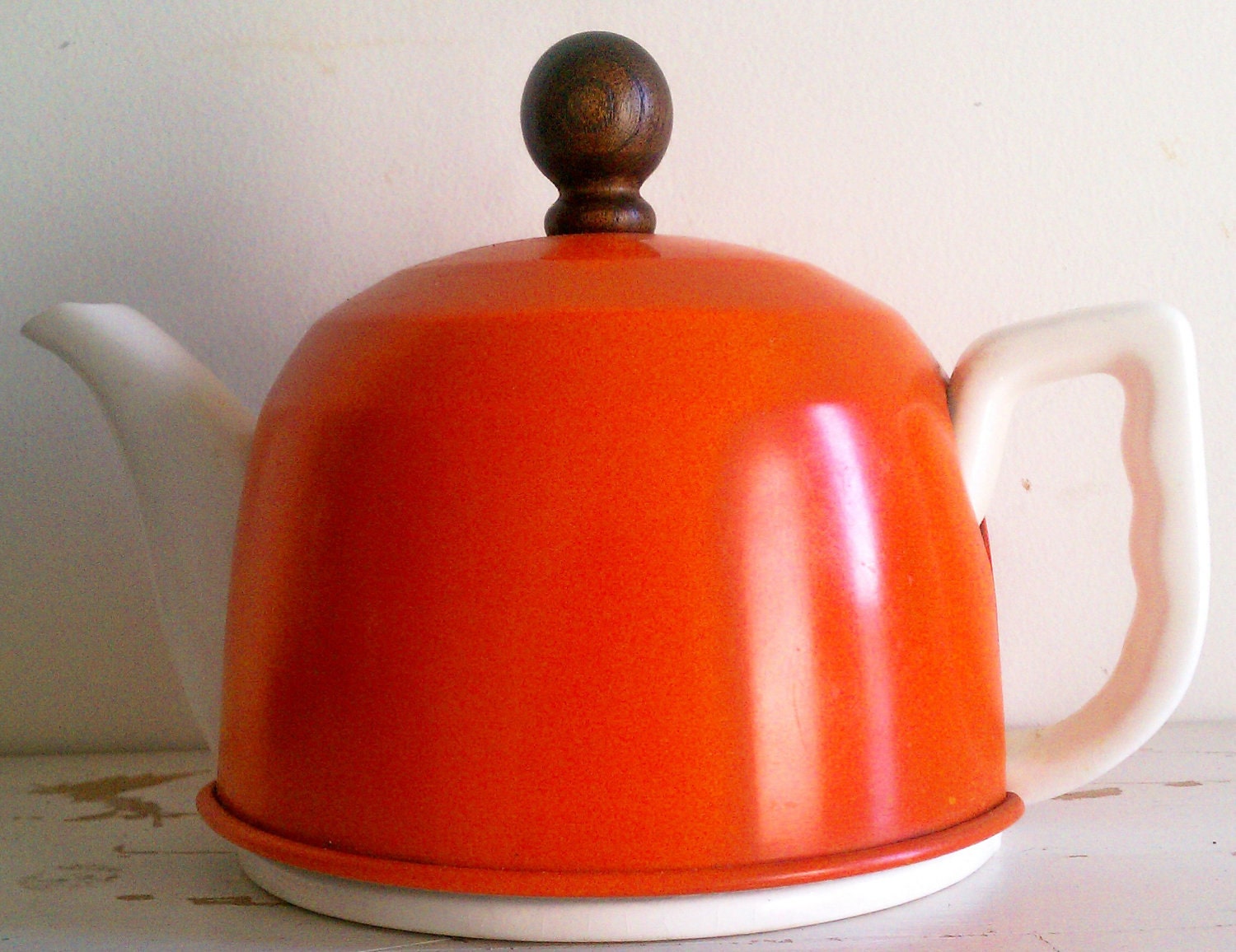 Vintage Pottery Teapot with Orange Aluminum Insulated Cover Mid Century circa 1960