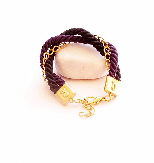 purple with black floss silk cord bracelet hand made gold chain and materials for the summer
