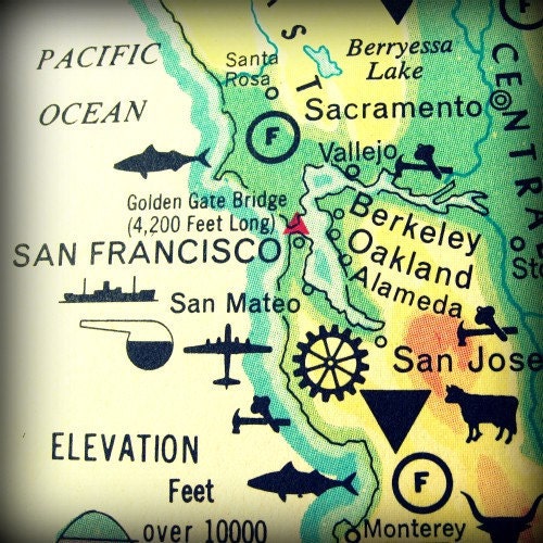 map art SAN FRANCISCO  8x8 print vintage beach California San Mateo Berkeley Oakland blue green yellow illustrated retro ocean picture