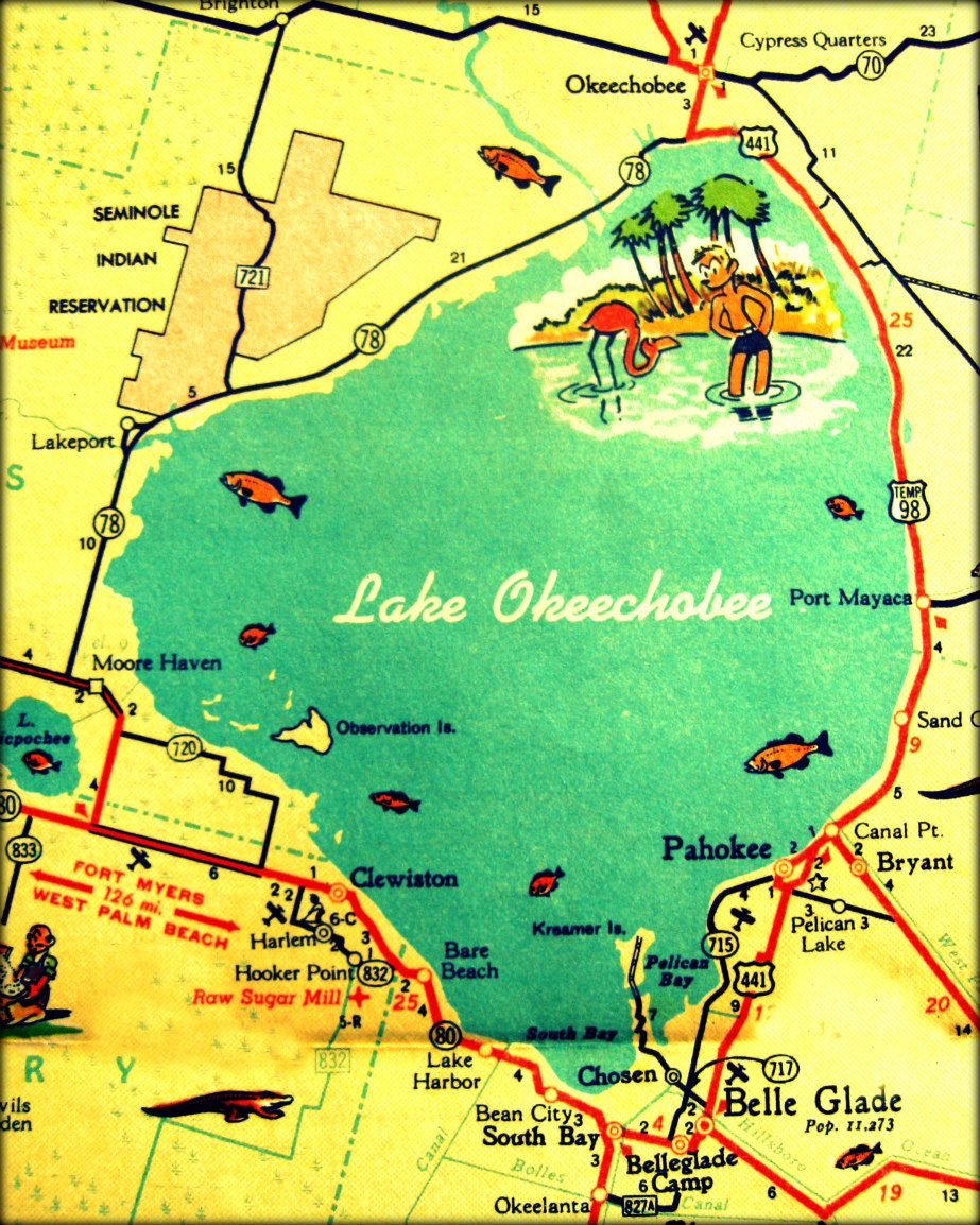 map photograph LAKE OKEECHOBEE vintage 8x10 FLORIDA print wall art red yellow aqua retro vacation picture nostalgia Americana