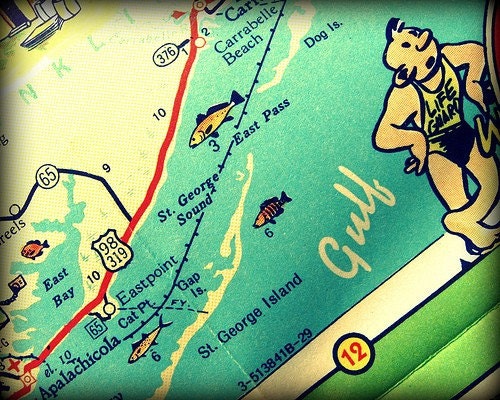 retro map photography ST GEORGE ISLAND 16x20 vintage Florida photo aqua green red color vacation picture lifeguard Gulf of Mexico wall art