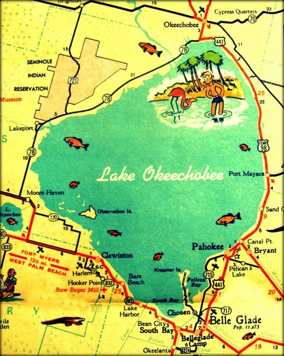 map photograph LAKE OKEECHOBEE vintage 8x10 FLORIDA print wall art red yellow aqua retro vacation picture nostalgia Americana