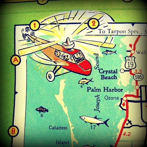map photography CRYSTAL BEACH retro Florida print 8x8 photograph Palm Harbor Caladesi Island Ozona aqua red orange fish helicopter picture