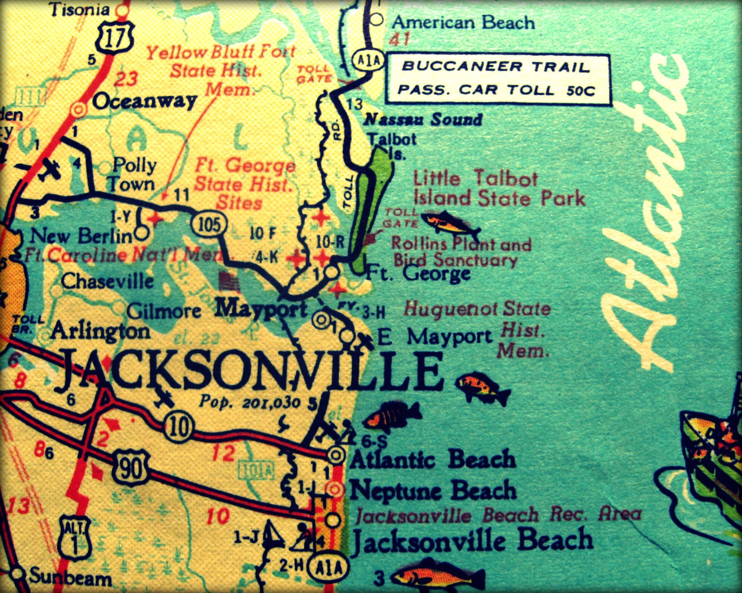 map decor JACKSONVILLE 16x20 retro Florida art photograph beach wedding print Neptune Atlantic Beach 1960s aqua yellow wall coastal decor