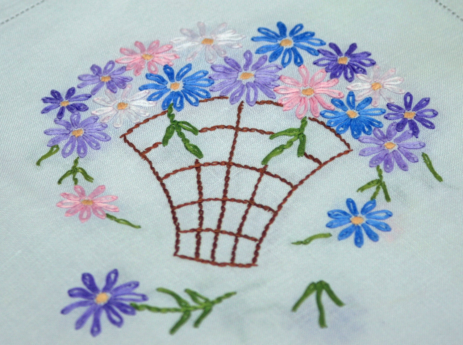 Embroidered Basket of Flowers Vintage Tablecloth