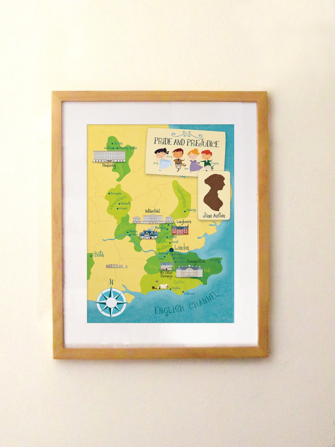 Jane Austen - Pride and Prejudice print: illustrated map (12,60 x 18,10)