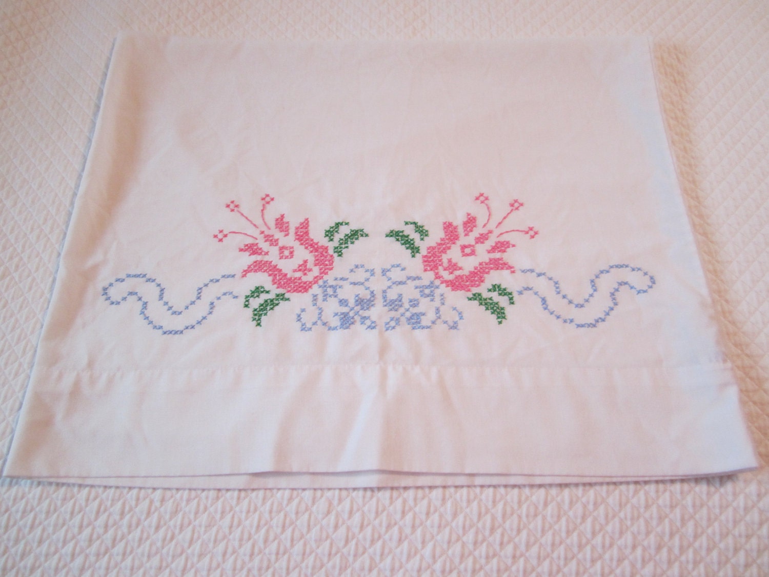 Vintage Pillowcase - Embroidered Tulips