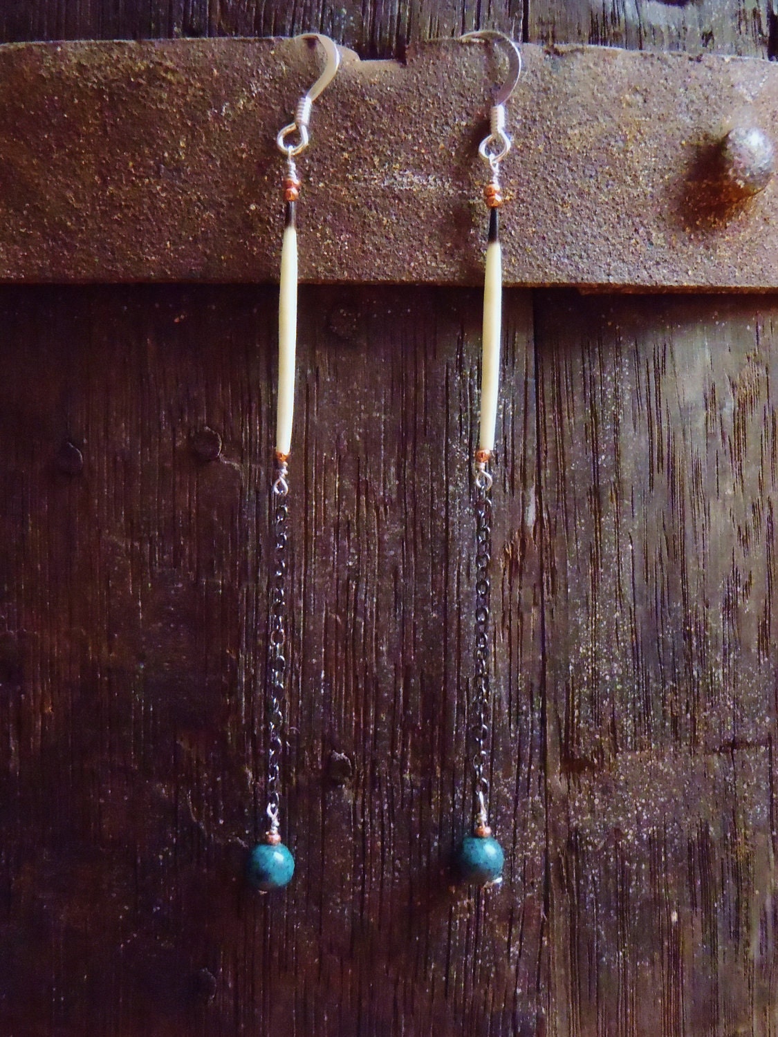 Porcupine Quill Turquoise Chain Dangle Earrings