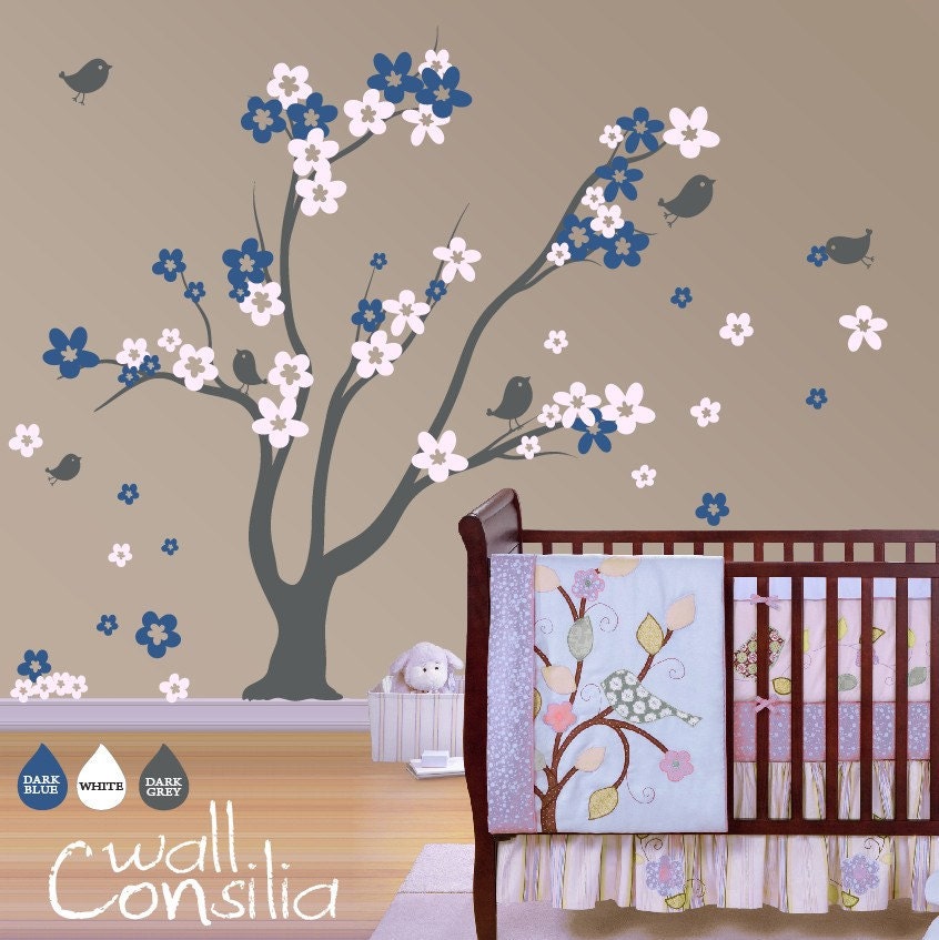 Tree Wall Decal Wall Sticker - Nursery Wall Sticker - Blossom Tree Decal with Birds - Large: approx 70" x 80" (whole composition) - W001