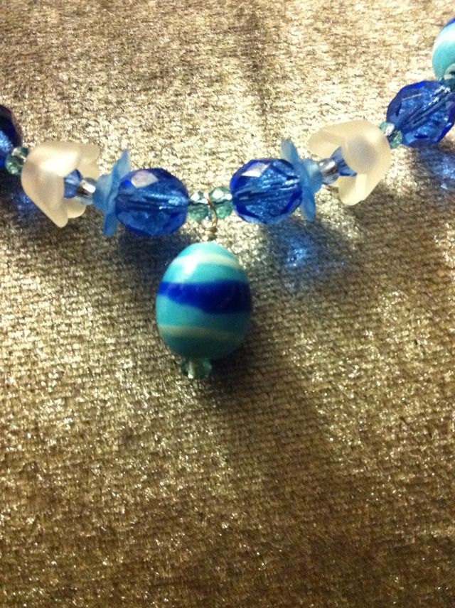Easter Egg Blues - necklace - ceramic egg beads, Czech glass beads, lucite flowers and silvery tone clasps