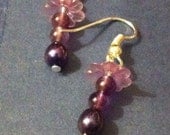 Purple and Pearls - pearl, amethyst and lucite flower bead earrings - silver tone pierced earrings