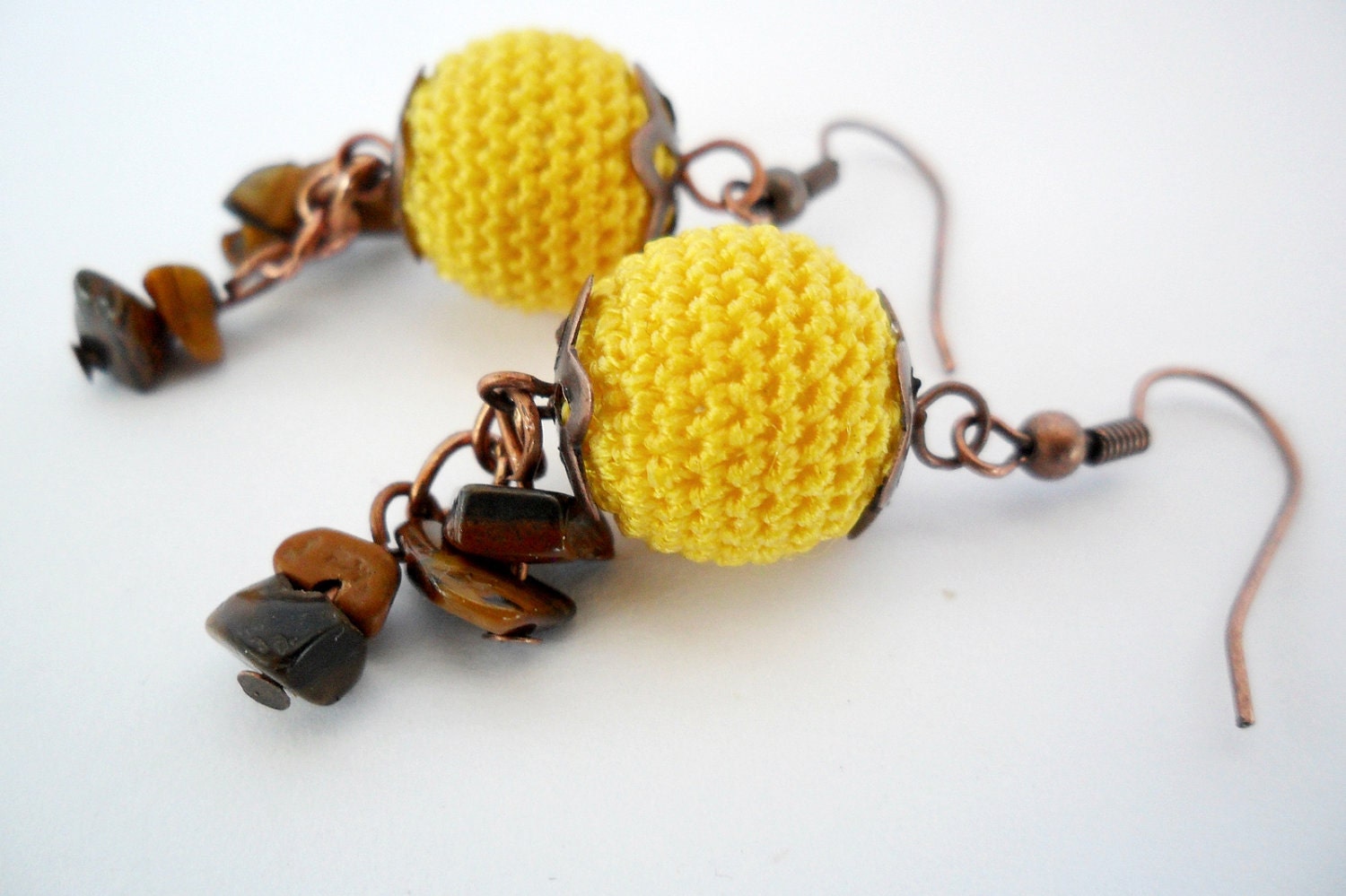 Yellow Crocheted Bead Earrings - Free shipping