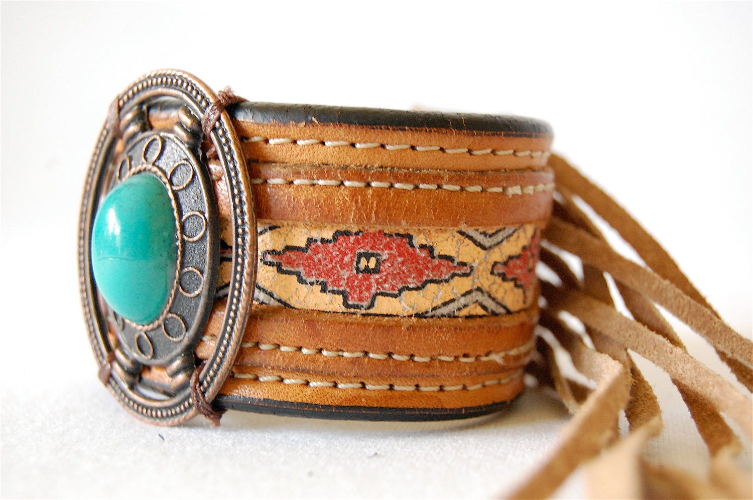 Reserved for Donna ONLY Tooled leather cuff Navajo print fringe turquoise western conch boho centerpiece