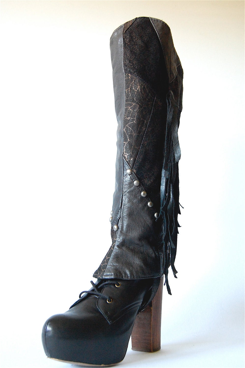 Boho Rocker spats upcycled leather fringe patchwork steampunk studded indie