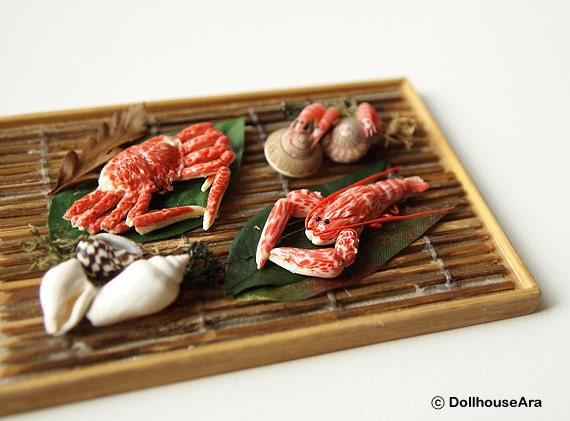 SEAFOOD decor set Lobster, shrimp, crab- handmade Dollhouse Miniatures 1/12