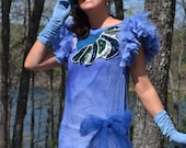 Bluebird of paradise feather shoulder vintage altered repurposed crepe dyed feathers gown dress
