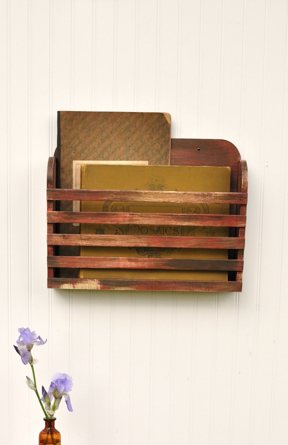 Rustic Hanging Magazine File Holder Vintage Design Storage Organizer Aged Antiqued