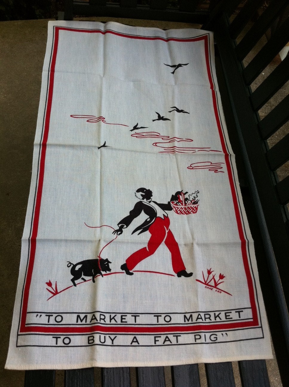 Black Americana Towel Pair "To Market, To Market..." Anne Orr
