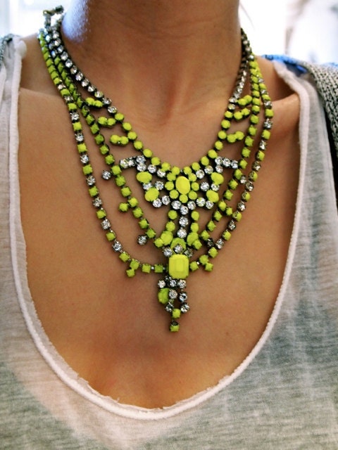 Vintage 1950s One Of A Kind Hand Painted 3 Strand Bold Neon Yellow Rhinestone Necklace - Made To Order