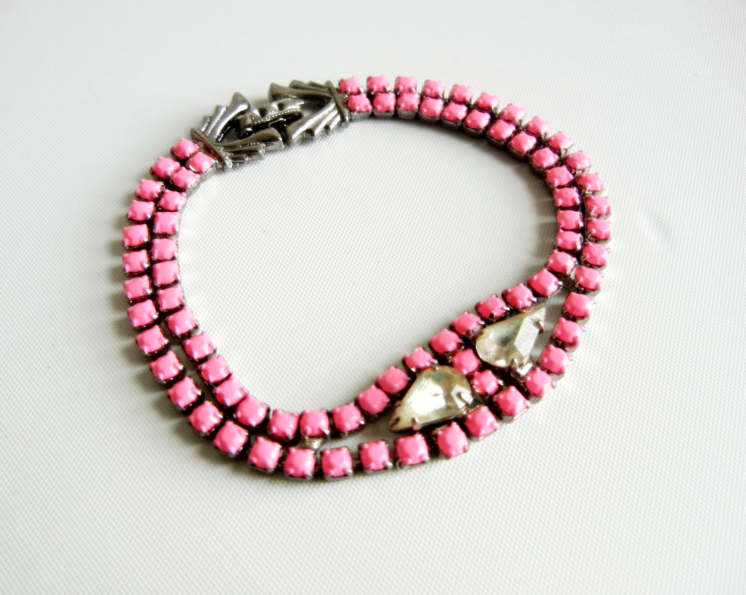 Vintage 1950s One Of A Kind Hand Painted Neon Pink Rhinestone Bracelet