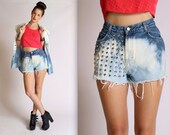 Dome Studded Acid Wash High Waisted Denim Shorts