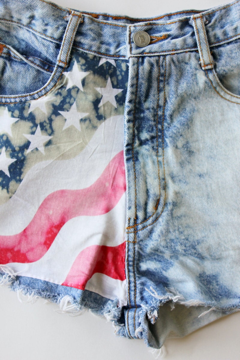 Studded Patriotic Acid Wash Denim Shorts