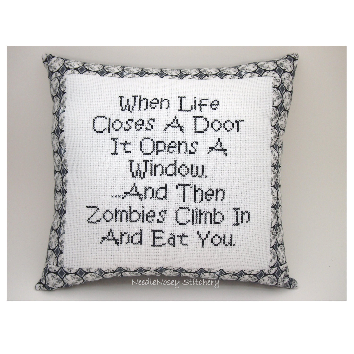Cross Stitch Pillow Funny Quote, Black and White Pillow, Zombie Quote