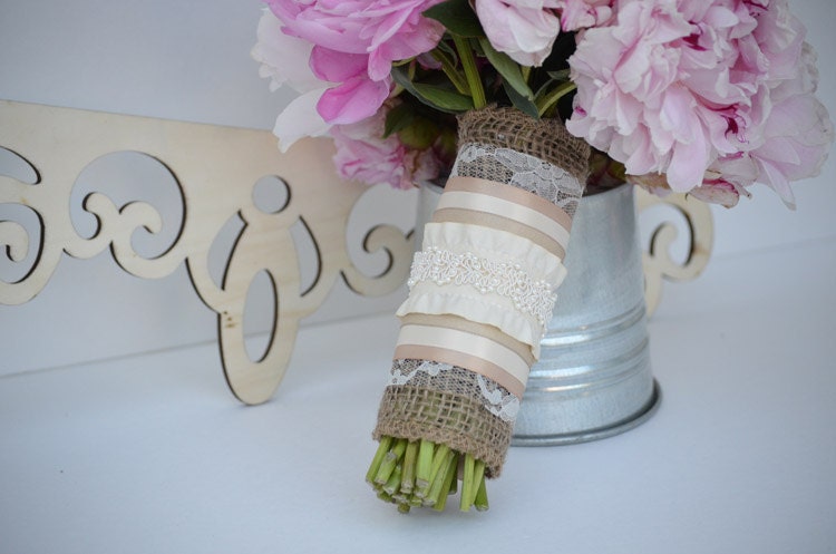 Burlap and Lace Bouquet Wrap with Beaded Detail and Ruffle