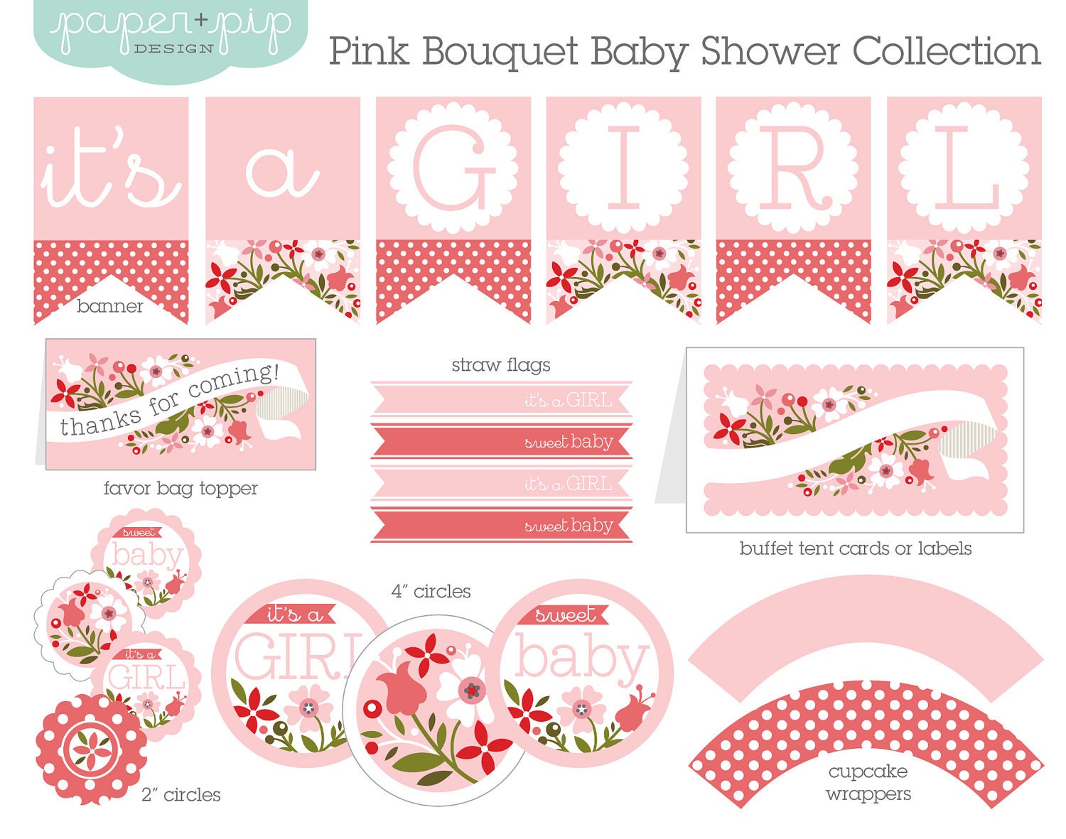 Baby Shower Decorations - Printable - Pink Bouquet