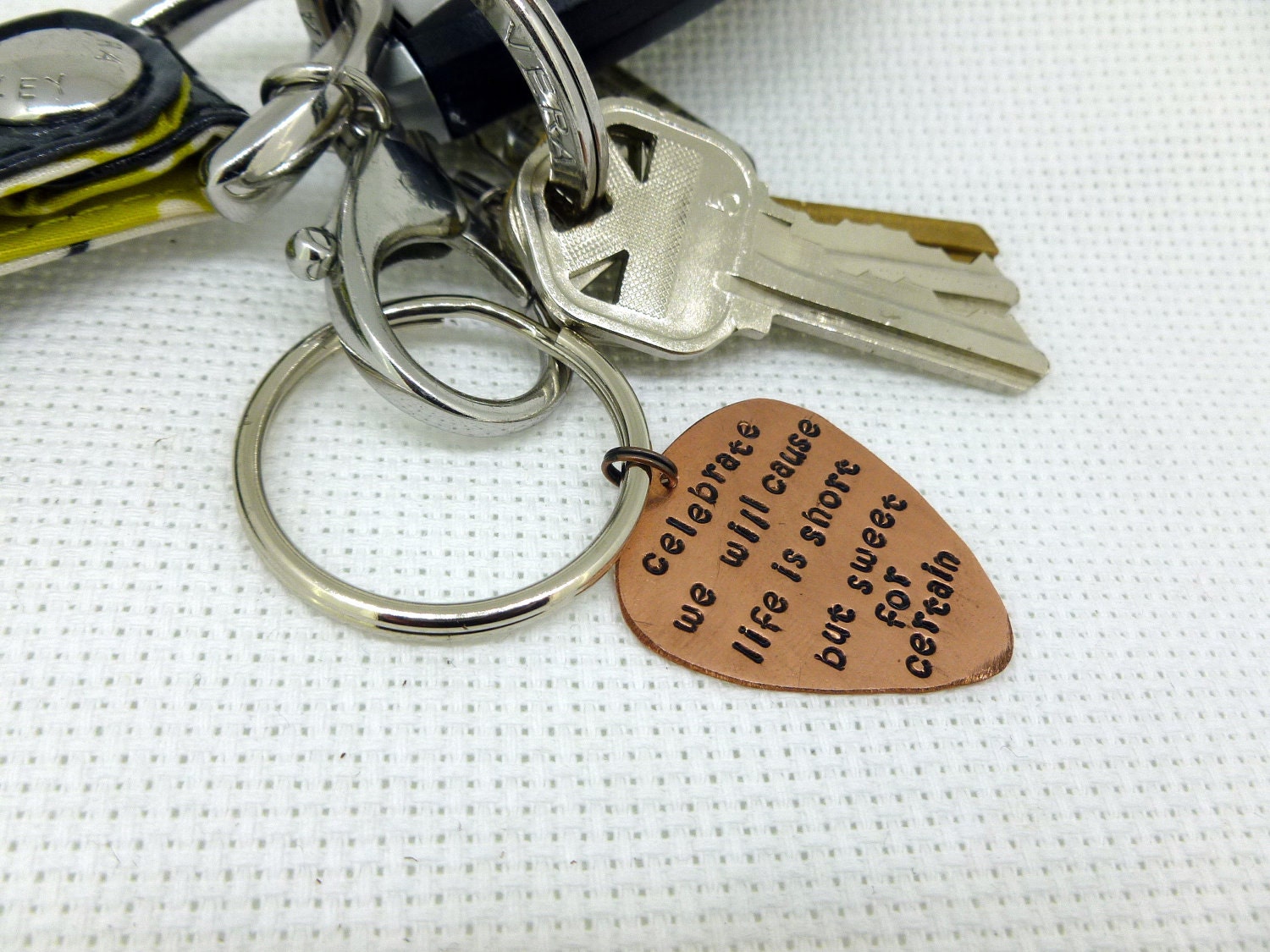 Hand Stamped Copper Guitar Pick Keychain - Dave Matthews Band - Celebrate we will cause life is short but sweet for certain